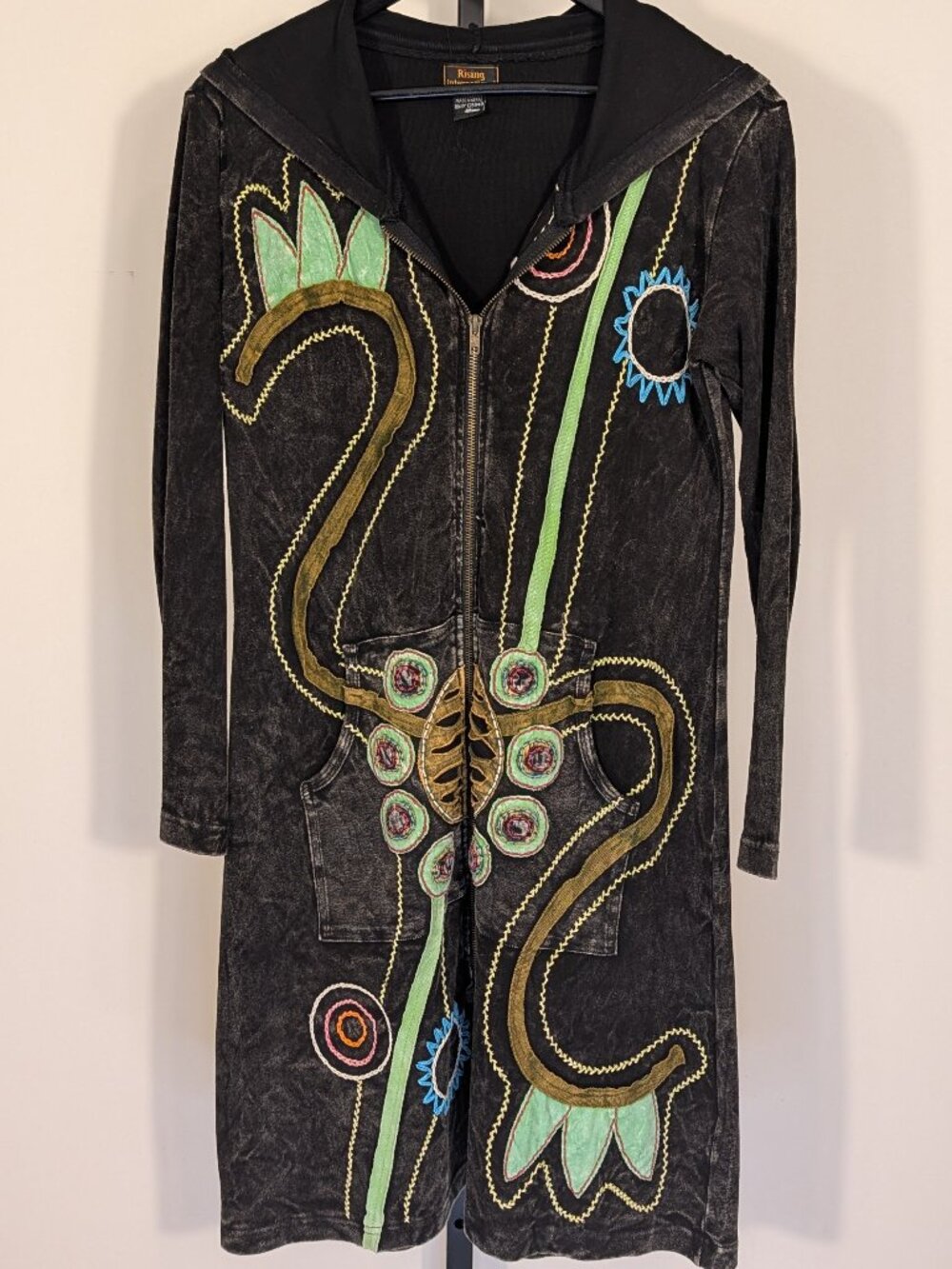 Rising International Art-to-Wear Hooded Coat | Embroidered Appliqué | Black | M